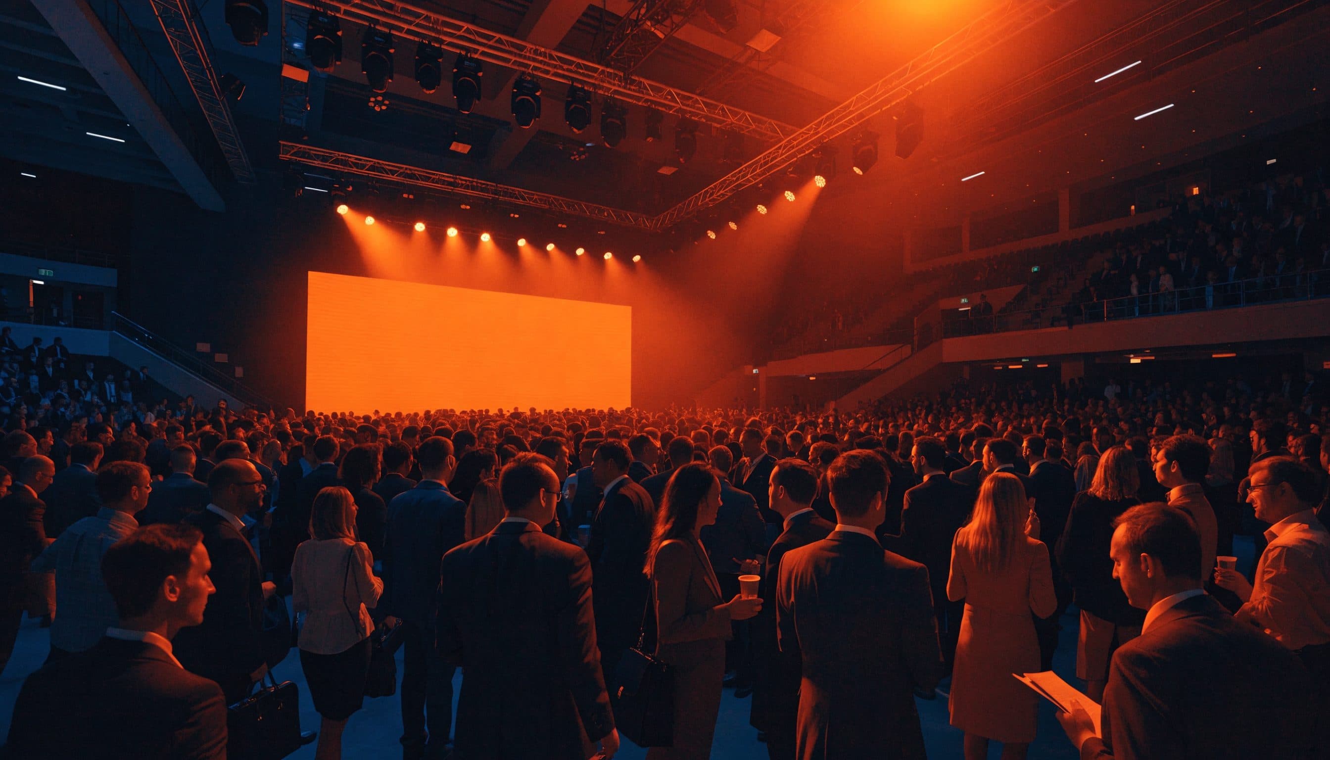 Palco de evento corporativo com telão de transmissão ao vivo